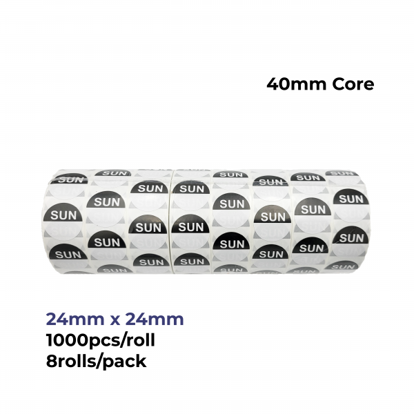 "Sun" - Sunday Round Day Labels - 24mm, Pack of 8000pcs
