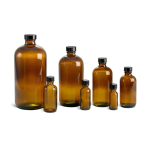 Amber Glass Boston Round Bottles w/ Black Cone Lined Caps