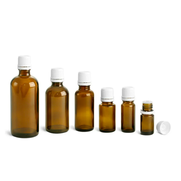 Amber GlassDropper Bottles w/ White Tamper Evident Caps and Orifice Reducers