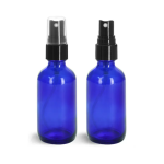 Blue Glass Boston Round Bottles w/ Black Ribbed Fine Mist Sprayers