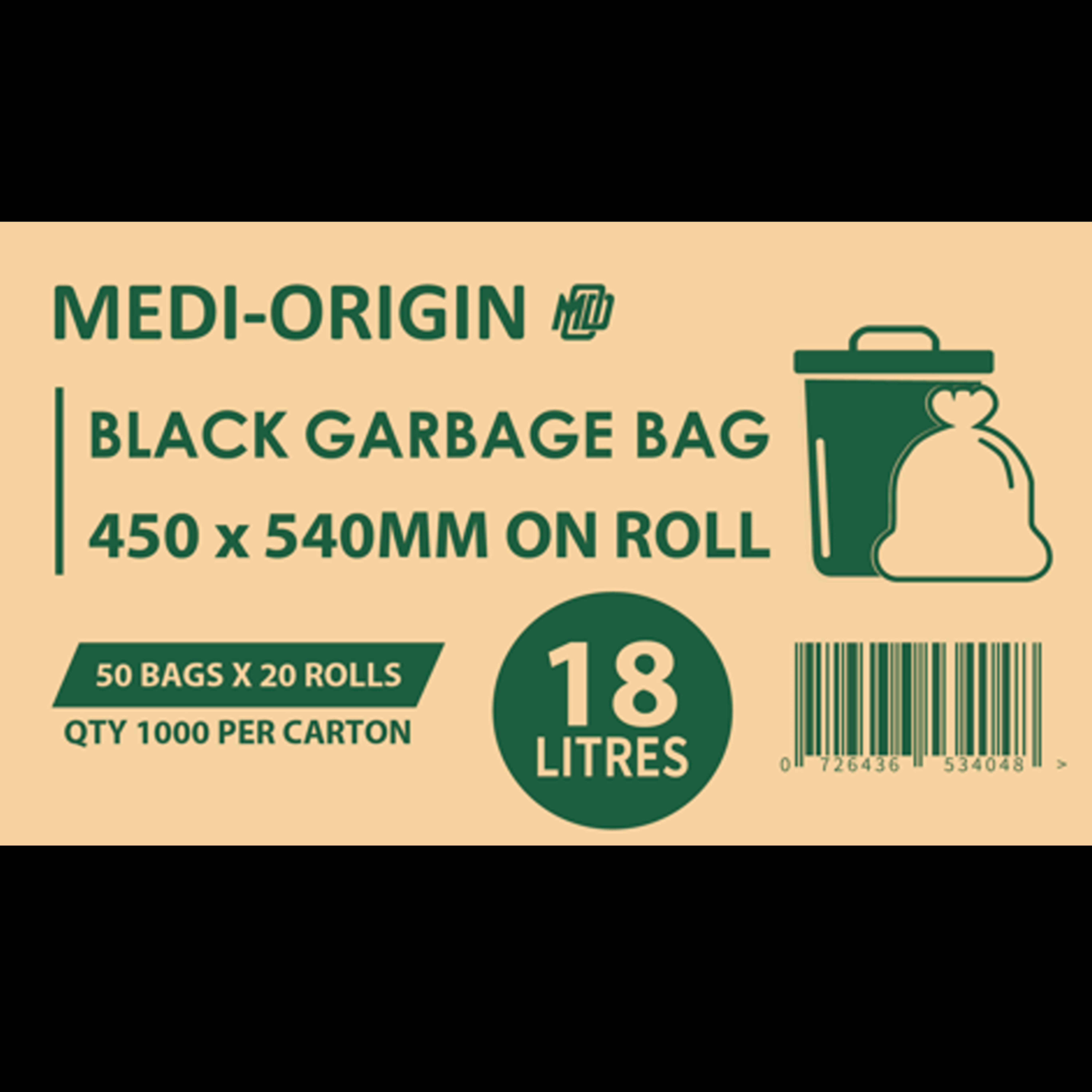 18L Standard Garbage bag/Bin Liner, Black, Ctn of 1000