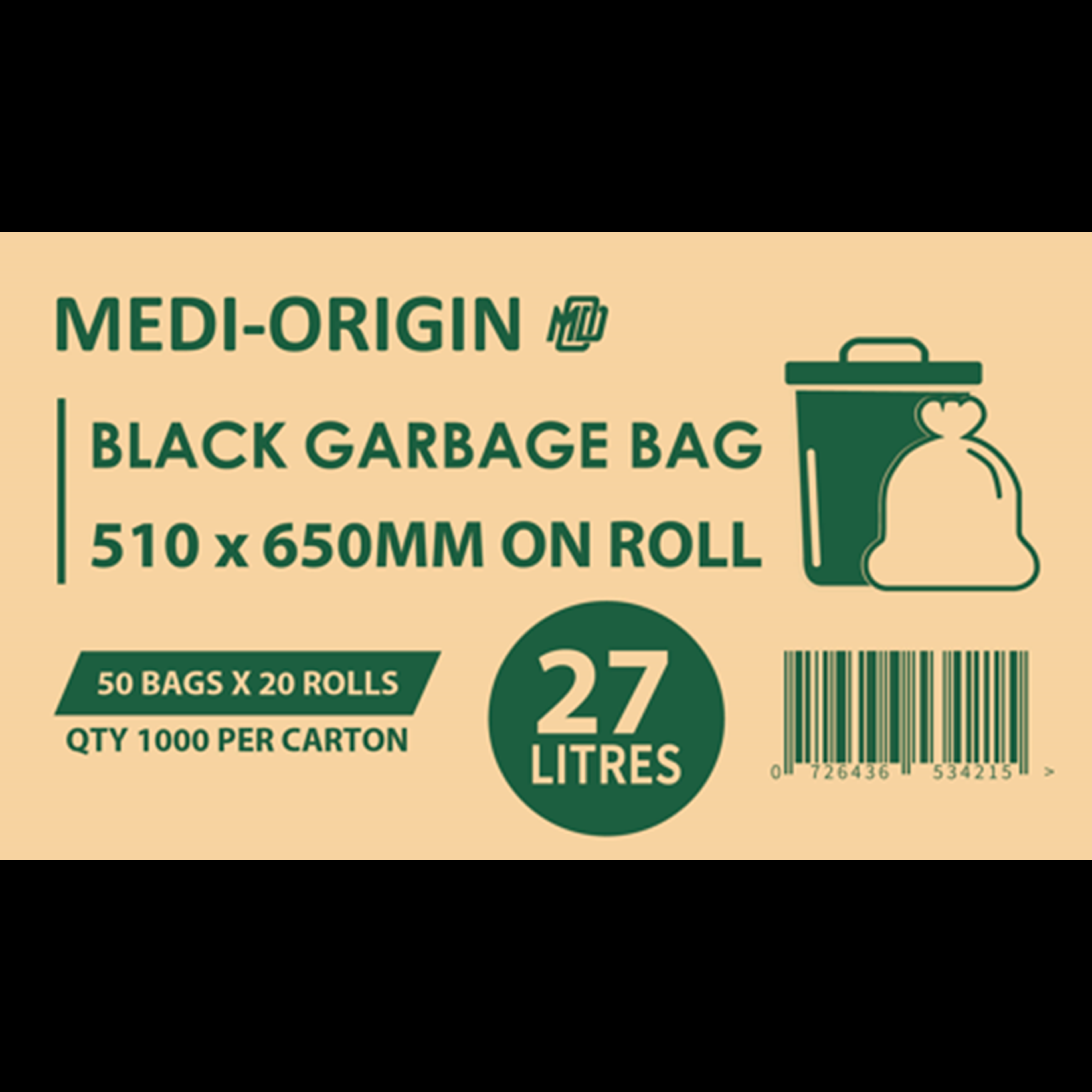 27L Standard Garbage bag/Bin Liner, Black, Ctn of 1000