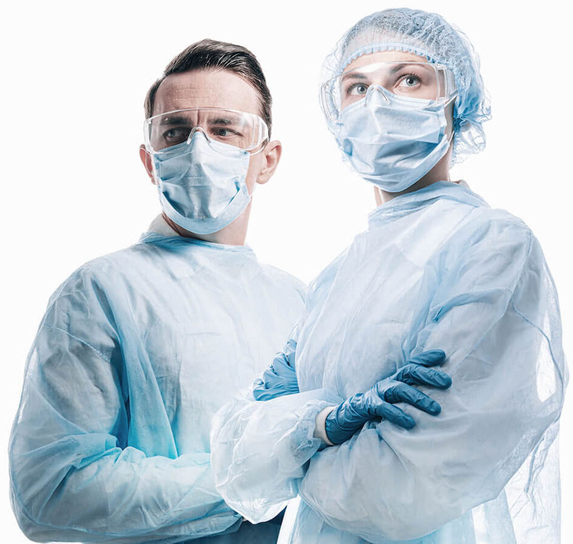 pharmpak-welcome Healthcare workers wearing PPE, face masks, safety glasses and protective gowns
